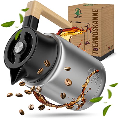 ATNITY Thermoskanne (1,4L) - Isolierkanne mit Siebeinsatz und edlem Holzgriff - Ideal als Kaffeekanne oder Teekanne aus doppelwandigem 304 Edelstahl