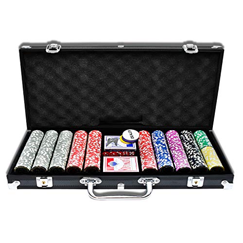 AufuN Pokerkoffer 500 Chips Laser Pokerchips 12 Gramm Metallkern, inkl. 2X Pokerdecks, 5X Würfel, Dealer Button, Big Blind, Little Blind, Poker-Set mit Schwarz Aluminium Gehäuse mit 2 Schlüssel