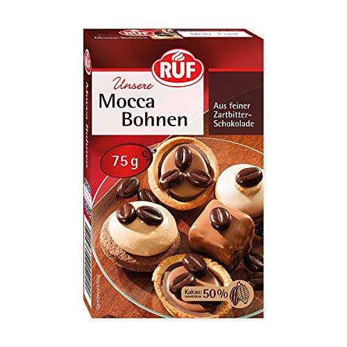 RUF Mocca-Bohnen, Kaffee-Bohnen aus feiner Zartbitter-Schokolade, mind. 50% Kakaoanteil, für Sahne-Torten und Kaffee-Desserts, glutenfrei, 1x75g