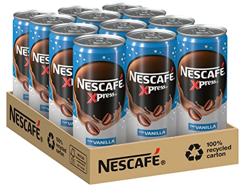 NESCAFÉ XPRESS Vanilla, trinkfertiger Iced Coffee mit Vanillegeschmack in der Dose für unterwegs, koffeinhaltig, 12er Pack (12 x 250ml)