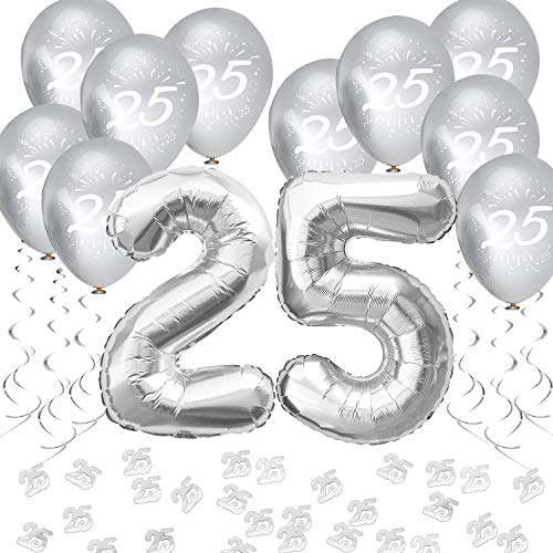 Oblique Unique® 25. Geburtstag Silberhochzeit Silberne Hochzeit Party Feier Deko Set - Folien Ballons Zahl 25 + Luftballons + Konfetti + Deckenhänger Spiral Girlanden - Silber