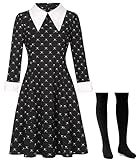 Mrsclaus Wednesday Kostüm Damen für Addams Family Kleid Schwarz mit Kniestrümpfe Abendkleider Mädchen Fasching Karneval Mottoparty Kostüm C004S