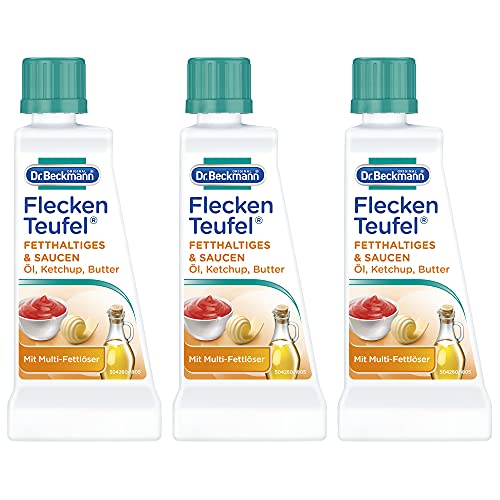 Dr. Beckmann Fleckenteufel Fetthaltiges & Saucen | Spezialfleckentferner gegen Fettflecken, Schokoladen-Flecken, u.v.m. | 3x 50 ml