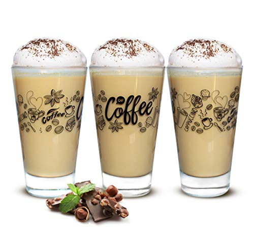 Sendez 6 Latte Macchiato Gläser 310ml Kaffeegläser Teegläser mit schwarzem Kaffee-Aufdruck