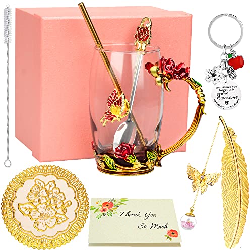 Geschenk für Frauen, Rote Rose Glas Teetasse Kaffeetassen Reisebecher mit Durchdachtem Blumengriff und Schönen Löffel Glück Schlüsselbund für Freundin Liebhaber - 12 oz