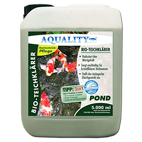 AQUALITY Gartenteich Bio-TeichKlärer 3in1 (Teichklar - Nachhaltig kristallklares Wasser, entfernt deutlich Trübungen im Teich + GRATIS Klarwasser Filtervlies), Inhalt:5 Liter
