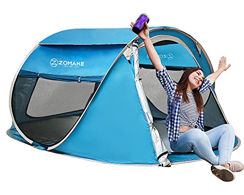 Keumer Pop Up Zelt 4 Personen,Automatisches Wurfzelt Wasserdicht Zelte für Camping Familien Outdoor - Großes,4 Mann,Windfang Strand(Hellblau)