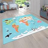 Paco Home Kinder-Teppich Für Kinderzimmer, Spiel-Teppich, Weltkarte Mit Tieren rutschfest In Türkis, Grösse:160x220 cm