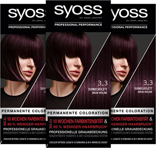 Syoss Color Coloration 3_3 Dunkelviolett Stufe 3 (3 x 115 ml), permanente Coloration für bis zu 10 Wochen Farbintensität und 70 % weniger Haarbruch*