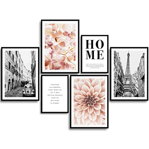 MONOKO® Wohnzimmer Poster Set - Premium Bilder Set für Schlafzimmer - Stilvolle Wandbilder - 6er Set ohne Rahmen (Blumen, Schwarz-weiss, Home, 4x A4 | 2x A5)