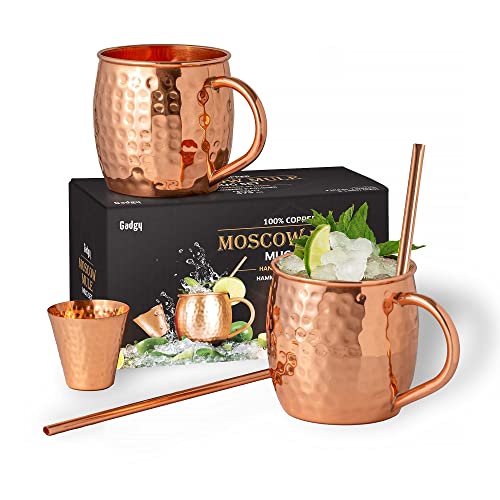 Gadgy Moscow Mule Becher Set | Cocktail Tassenset | Inklusive 2 Stück Kupferbecher, 2 Strohhalme Und EIN Jigger | 100% Kupfer | Kupferglässer | Party Geschenk