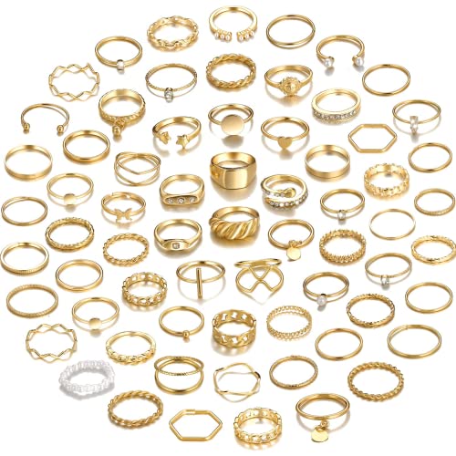 68 Stücke Gold Knöchel Ringe Set für Damen Frauen Mädchen, Stapelbare Ringe, Boho Gelenk Fingerringe Midi Ringe, Silber Hohl Kristall Stapelringe (1-gold 68Stück)