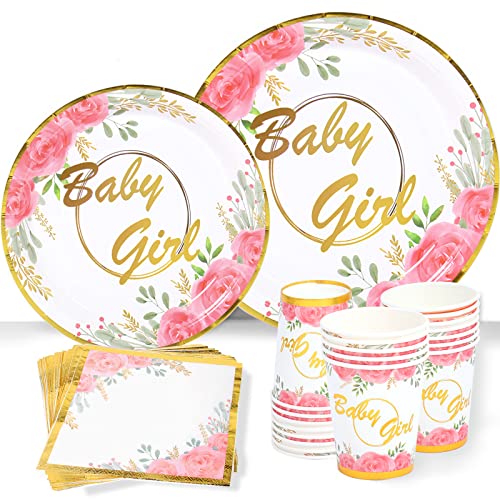 QIFU Baby Shower Partygeschirr Set für 24 Gäste, Rosa Gold Pappteller Becher Servietten für Baby Shower Girl, Kindergeburtstag Mädchen, Babyparty Geschirr
