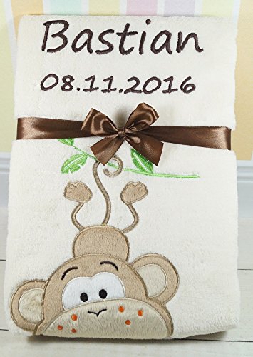 Babydecke mit Namen und Datum bestickt Schmusedecke Geschenk Taufe Geburt (Beige mit Affe) (182004)