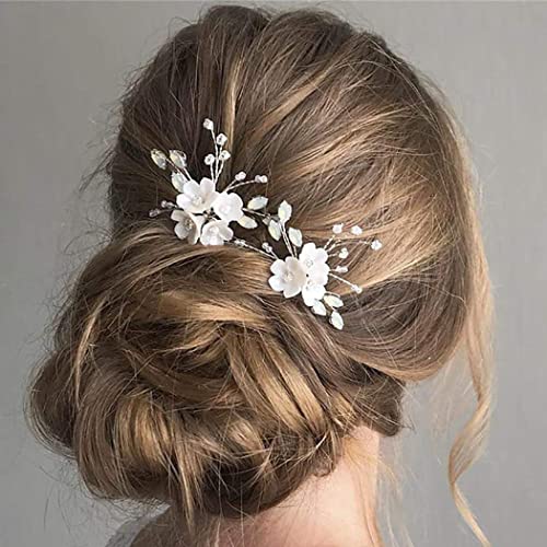 Fairvir Brautschmuck Hochzeit Haarnadeln Blume Silber Strass Braut Perle Haarnadel Haarschmuck für Damen und Mädchen (2 Stück) (Silber)