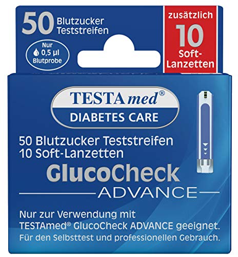 TESTAmed GlucoCheck Advance Blutzuckerteststreifen plus Soft-Lanzetten, 50 Blutzucker Teststreifen + 10 Soft-Lanzetten
