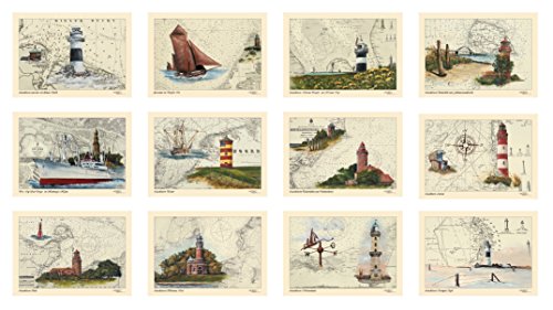 Postkarten/Grußkarten/Sammel-Set von Thomas Kubitz mit den Motiven des 'Moin, moin'-Kalenders 2015 (Leuchttürme, Ostsee und Nordsee auf historischen Seekarten)