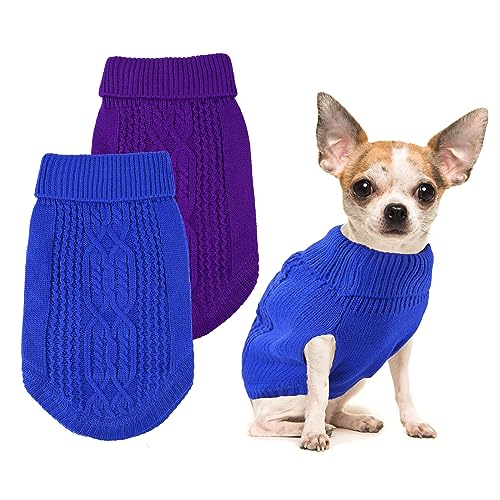 2 Stücke Hundepullover Warme Winter Hund Pullover Kleidung Rollkragen Gestrickt Welpenmantel für Kleine Hunde Urlaub Haustier Outfits (Medium, Blau, Lila)