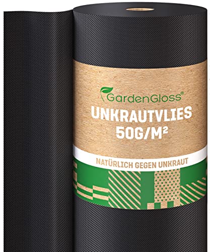 GardenGloss® 50m² Unkrautvlies Gartenvlies gegen Unkraut – Unkrautfolie Wasserdurchlässig – Reißfestes Unkrautflies 50g/m² – Hohe UV-Stabilisierung (50m x 1m, 1 Rolle)