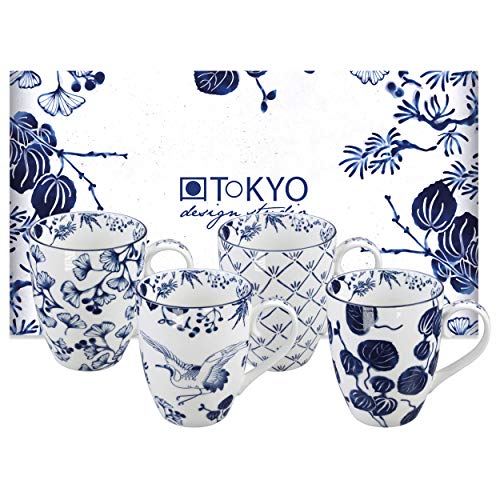TOKYO design studio Flora Japonica 4er Tassen-Set blau-weiß, Ø 8,5 cm, 10,2 cm hoch, 380 ml, asiatisches Porzellan, Japanisches Blumen-Design, inkl. Geschenk-Verpackung