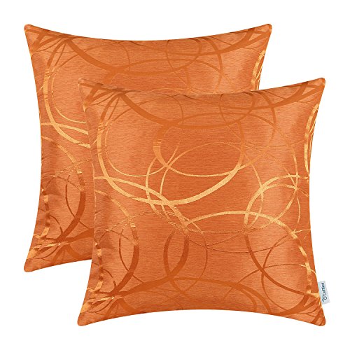 CaliTime Kissenbezüge Kissenhülle Packung mit 2 Schalen für Couch Sofa Heimdekoration modern glänzend und matt Kontrast Kreise Ringe geometrisch 40cm x 40cm leuchtendes Orange