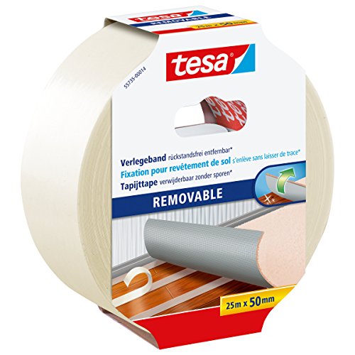 tesa Verlegeband rückstandsfrei entfernbar - Gewebeverstärktes, doppelseitiges Klebeband zum Verkleben von Teppich- und PVC-Bodenbelägen - 25 m x 50 mm