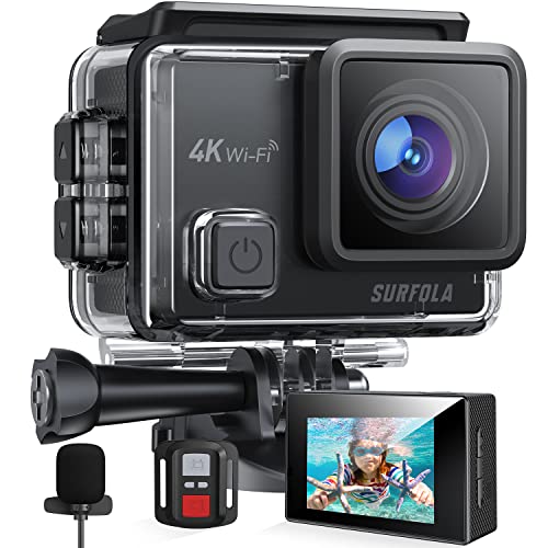 Surfola Action Cam 4K/30FPS 20MP 40M Unterwasserkamera WiFi PC Kamera Helmkamera mit Externes Mikrofon Fernbedienung 2x1050mAh Akkus und Zubehör Kit (SF230NEW)