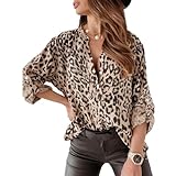 Bluse Damen V-Ausschnitt 3/4 Ärmel Button Tunika Lässig Elegant Leoprint Luftig Dünner Fashion Basic Streetwear Oberteil Hemd XL