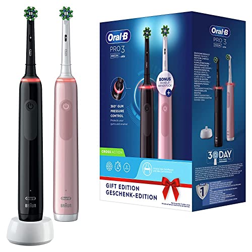 Oral-B Pro 3 3900 Elektrische Zahnbürste, 2 Stück, mit 2 wiederaufladbaren Griffen, Braun-Technologie, 2 Ersatzköpfe, sichtbarer Drucksensor, Rosa/Schwarz