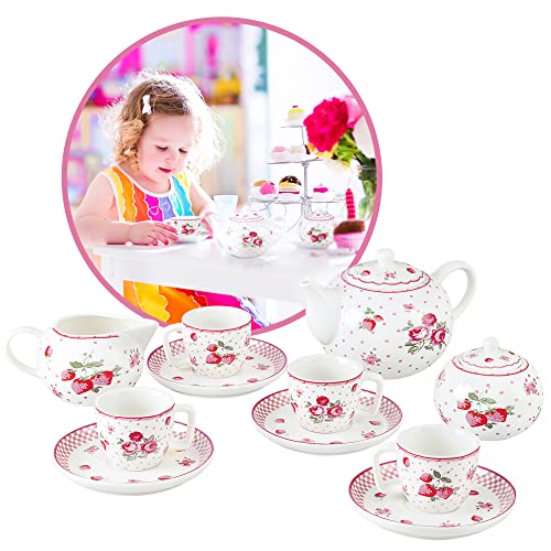 fanquare 12-Teilig Porzellan Kaffeeservice für Kinder und Mädchen, Rot Rose Teeservice, Teeparty-Geschenkset für Rollenspiele, Picknic
