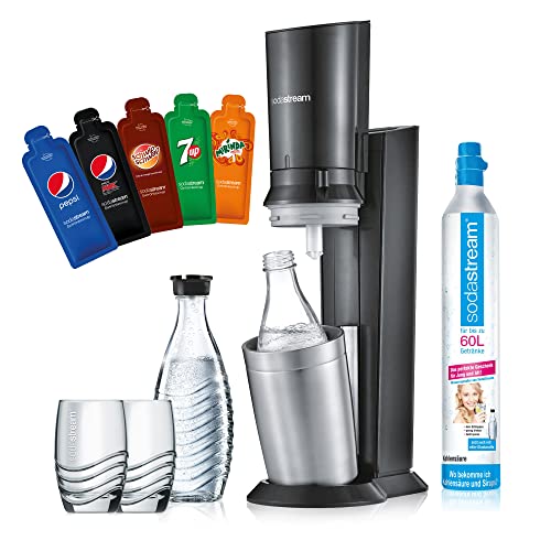 SodaStream Crystal 2.0 Wassersprudler-Set Promopack mit CO2-Zylinder, 2x Glaskaraffen, 2x Trinkgläsern, 6x Sirupproben, titan
