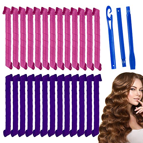 Rekey 26Pcs Magic Spiral Lockenwickler Set Haarstyling Werkzeuge Keine Hitze Flexible DIY Lockenwickler mit Styling Haken für Frauen Mädchen(Pink und lila,55cm).