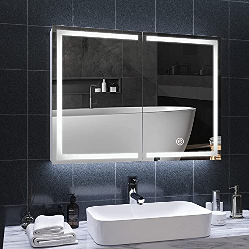 DICTAC spiegelschrank Bad mit LED Beleuchtung und Steckdose doppelspiegel 80x13.5x60cm badschrank mit Spiegel Metall spiegelschrank mit ablage,3 Farbtemperatur dimmbare,Berührung Sensorschalter