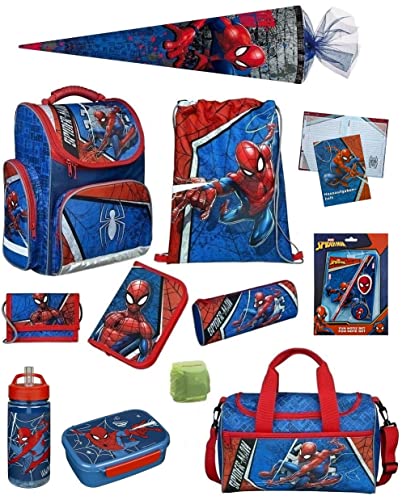 Familando Schulranzen-Set Marvel Spiderman 16 TLG. mit Federmappe, Dose, Flasche, Sporttasche, große Schultüte 85cm und Regenschutz