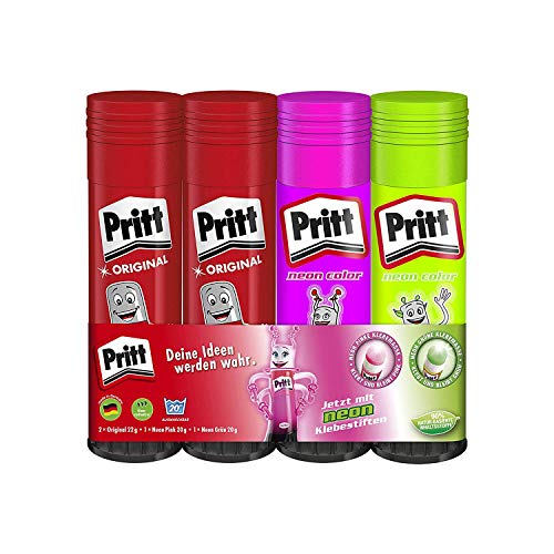 Pritt Klebestift Mix Pack, sicherer und kinderfreundlicher Kleber für Kunst und Bastelarbeiten, Klebstoff für Schule & Bürobedarf, 2 x 20g (Grün & Pink), 2 x 22g Original