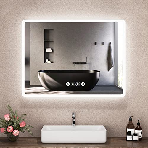 Boromal LED Badspiegel mit Uhr 80x60cm Badezimmerspiegel mit Beleuchtung Badezimmer 6500K Kaltweiß Wandspiegel Lichtspiegel mit Touch Schalter, Beschlagfrei, Uhr