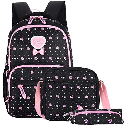 Vbiger Schulranzen Mädchen Schulrucksack Schultasche Rucksack Kinder Daypack 3 Teile Set für Schule und Freizeit (Schwarz1)