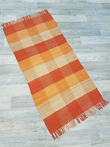Kottig Fleckerlteppich Handweb Fleckerl Teppich ULM 70x140 cm 100% Baumwolle Karo orange