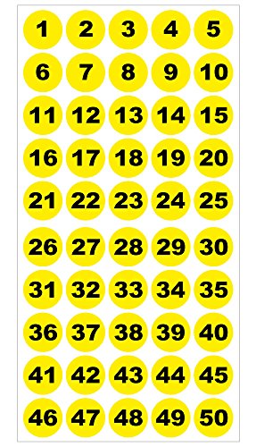 Runde Zahlenaufkleber 1-50, Vinyl - 30mm - schwarze Zahlen auf gelb