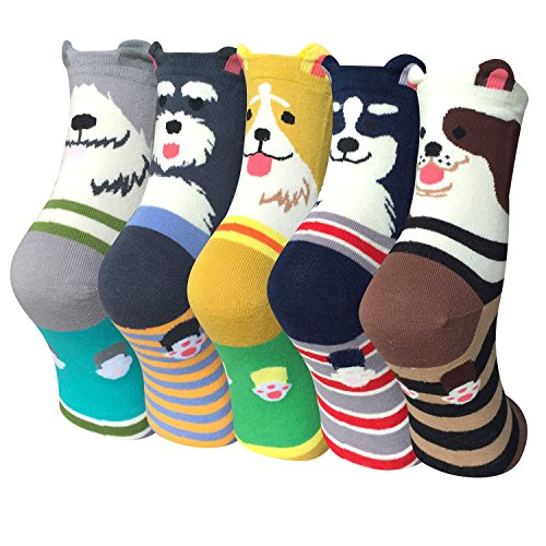 Damen Socken aus Baumwoll mit Süße Katze Tiermuster, Lustige Bunte für Socken Mädchen, 5 Paar MEHRWEG, Gelb , Einer Größe