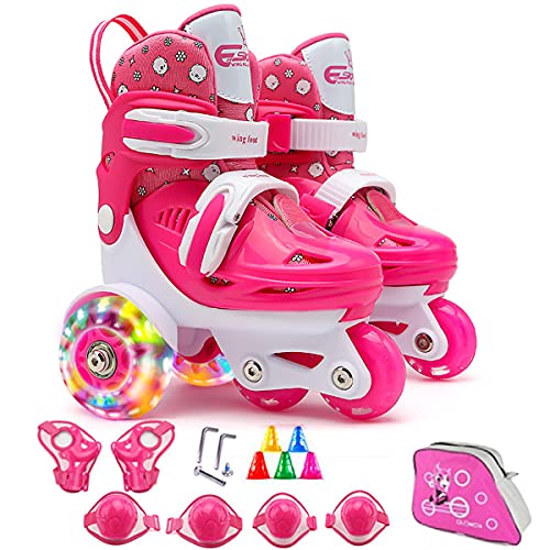 Rollschuhe Kinder Mädchen Verstellbar Skates mit LED leuchtendem Rad Roller Skates Bequem und atmungsaktiv Quad Roll Schuhe für Jungen Anfänger Drinnen und draußen (Rose, S(29-33EU,11-1UK))