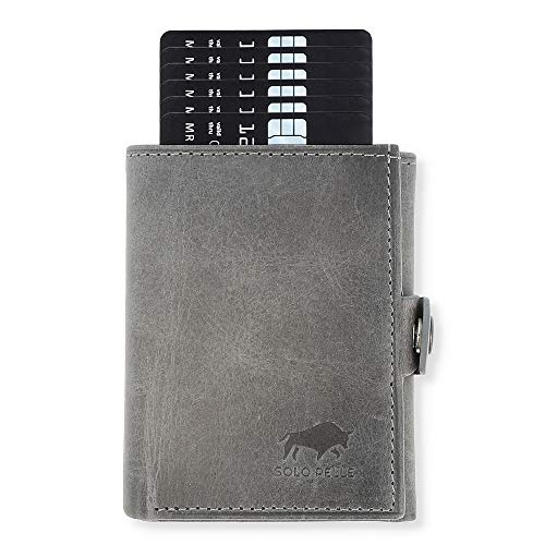 NEU: SOLO PELLE® Slim Wallet mit Münzfach [12 Karten] Slimwallet Riva [RFID-Schutz] Kartenetui mit Münzfach [Leder] Smart Wallet für Männer und Damen (Steingrau)