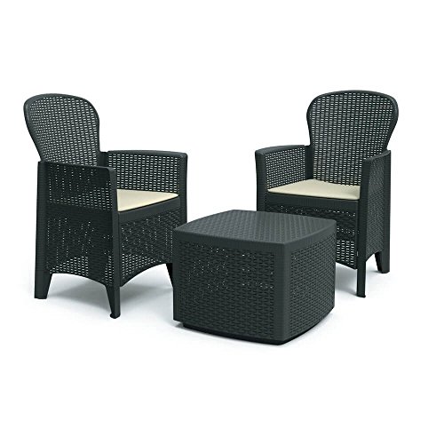Dmora - Outdoor-Lounge-Set Napoli, Gartengarnitur mit 2 Sesseln und 1 Containertisch, Sitzecke in Rattan-Optik, 100 % Made in Italy, Anthrazit