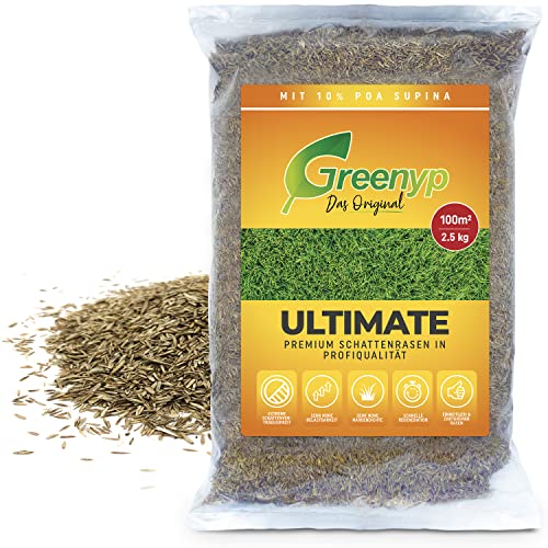 Greenyp Ultimate I Premium Schattenrasen mit 10% Poa Supina I 2,5kg für 100m² I Nachsaat Grassamen Rasensamen Rasensaat Gras für besonders schattige Plätze
