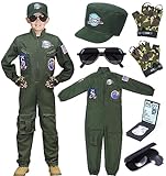 Tacobear Kampfjet Pilot Kostüm Kinder Jungen Flieger Kostüm mit Kappe Handschuhe Sonnenbrille Piloten Overall Uniform Halloween Fasching Karneval Kostüm Cosplay (120, 4-5 Jahre)