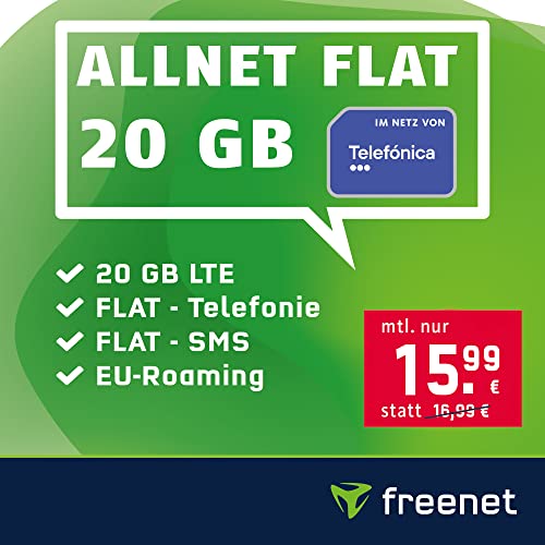 Handyvertrag green LTE 20 GB - Internet-Flat, FLAT Telefonie & SMS in alle Deutschen Netze, FLAT EU-Roaming, Monatlich kündbar für nur 15,99€/Monat