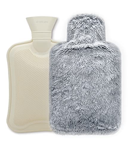 Snowpea Wärmflasche Naturkautschuk Groß 2L mit Flauschig Wolle Bezug, Auslaufsicher, BS1970:2012 Zertifiziert, Sicher und Langlebig Wärmeflasche für Kinder & Erwachsene, Schmerzlinderung - Grau