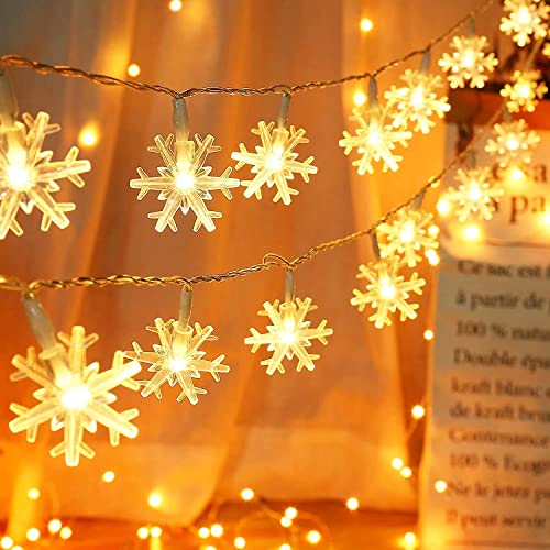 AUAUY Weihnachten Schneeflocke Lichterketten, 6M/19.6 ft 40 LED Batteriebetriebene Lichterketten, 2 Modi Wasserdichte für Innen-Außen-Hochzeitsfeier Neujahr Garten Weihnachtsdekoration (Warmweiß)