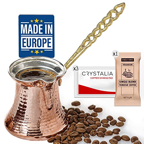 CRYSTALIA Premium Türkische Kaffeekanne Kupfer, Handgemachte Kupfer Cezve Kupferkanne für Türkischen Kaffee Arabisch Griechische Kaffeekanne, Gehämmerte Handgefertigte Kupferkaffeekanne 200ml