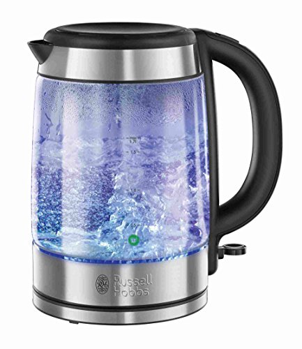 Russell Hobbs Wasserkocher Glas [1,7l, 2200W] Edelstahl (blaue LED Beleuchtung, 1-Tassen-Option, herausnehmbarer Kalkfilter, Wasserstandsanzeige mit Füllmengenmarkierung) Teekocher 21600-57